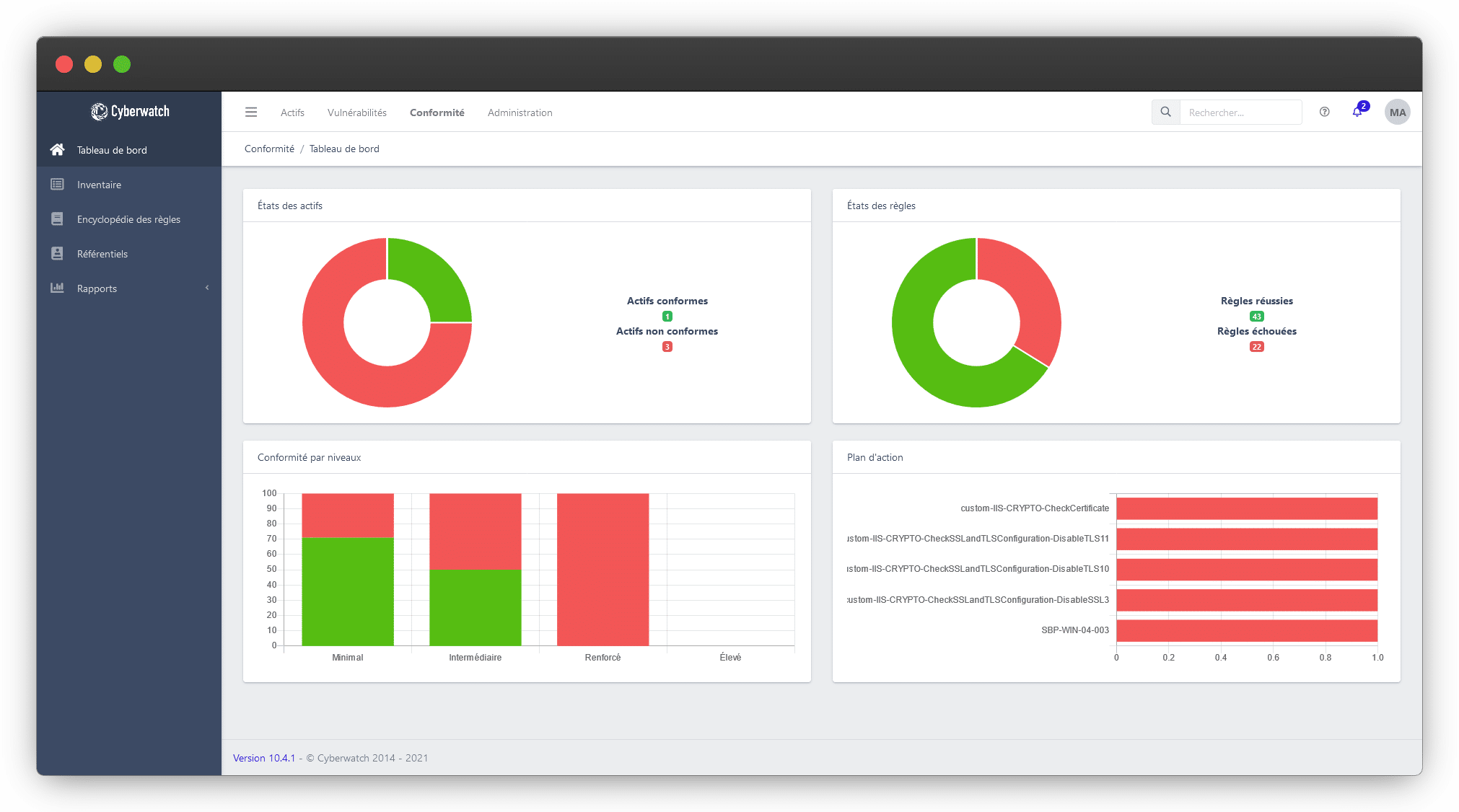 Cyberwatch Compliance Manager est une plateforme de contrôle des conformités, avec analyse du niveau de durcissement et personnalisation complète possible des règles et des référentiels testés. 