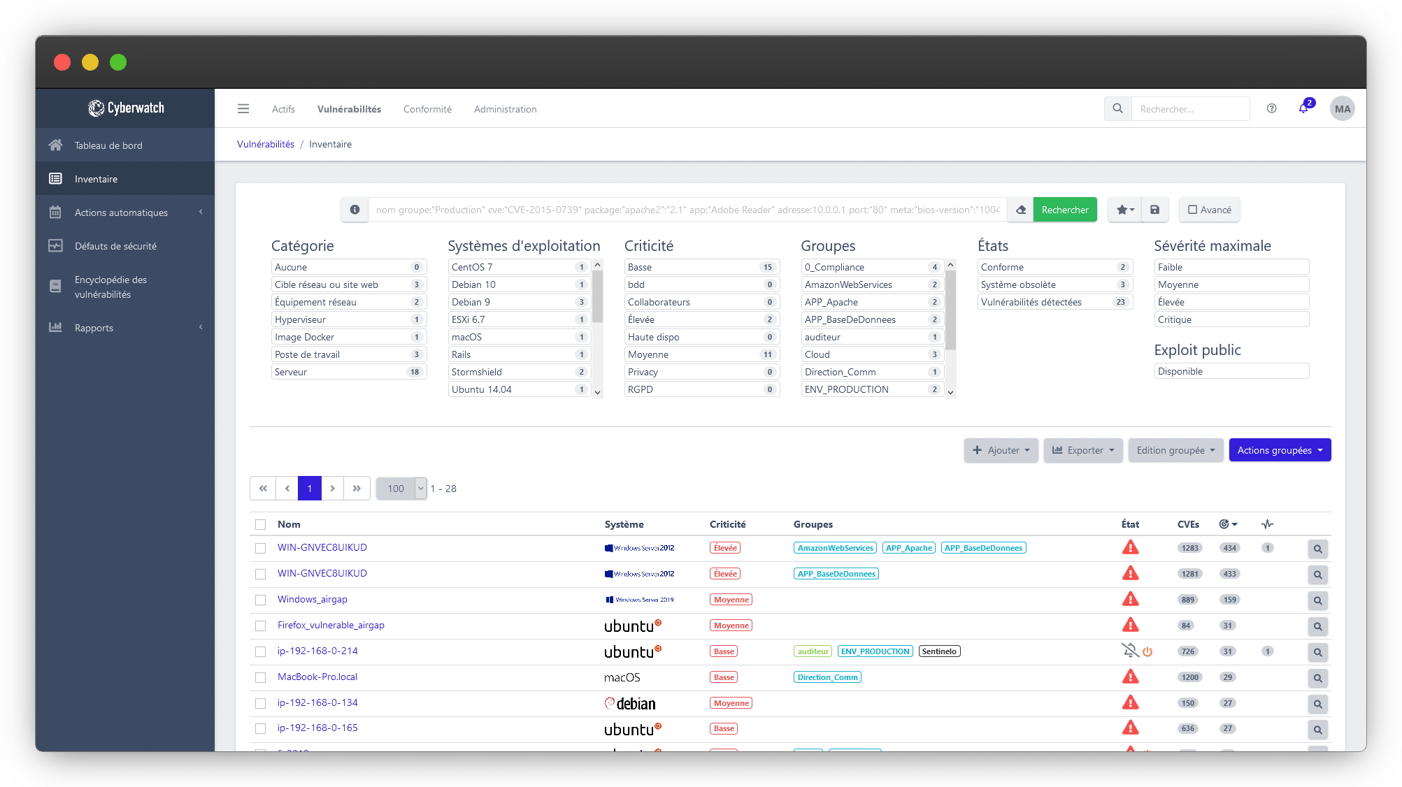 La fonctionnalité inventaire de Cyberwatch Vulnerability Manager