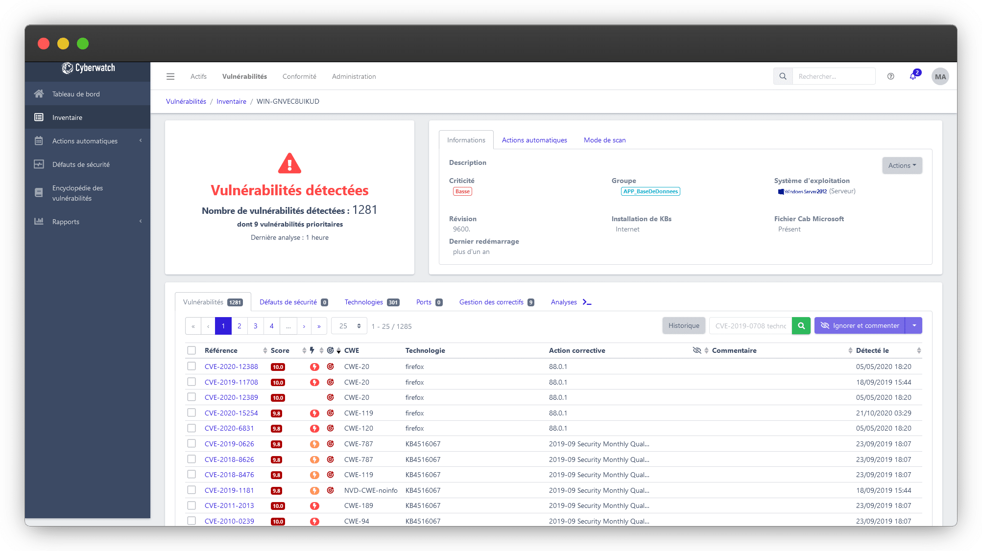 Présentation de la fonctionnalité vue actif de Cyberwatch Vulnerability Manager