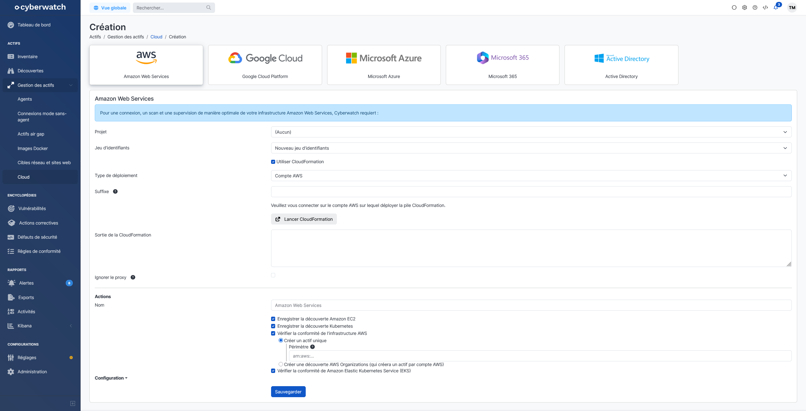 Interface Cyberwatch 15.0 mettant en avant l'intégration native avec AWS CloudFormation 